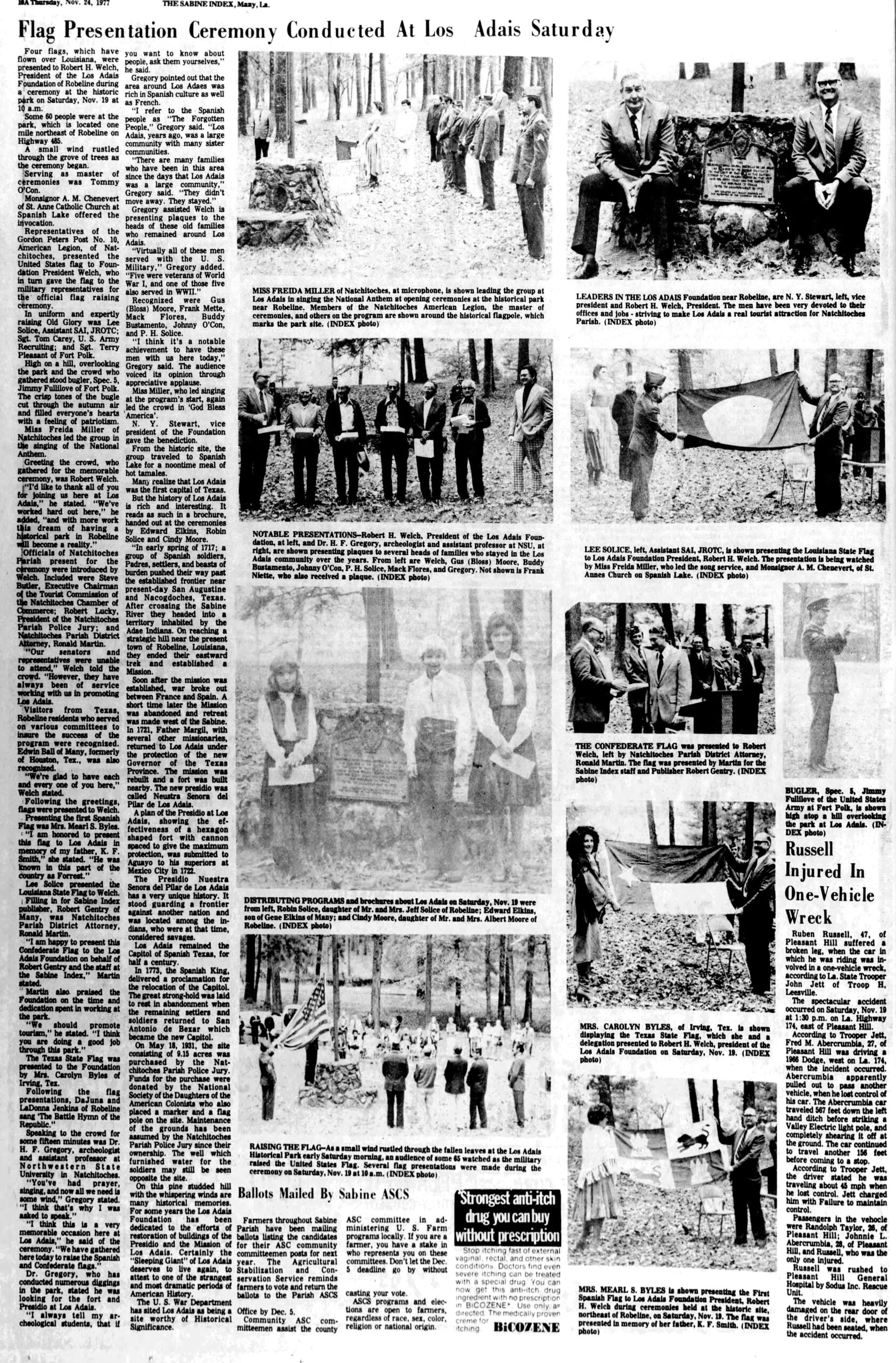 Flag presentation ceremony at Los Adais State Historic Site featuring Gus “Bloss” Moore, Buddy Bustamento, Johnny O’Con, P.H. Solice, Mack Flores, Frank Niette, and Lee Solice. These Adai Caddo men received plaques as the heads of families who stayed in the Los Adais community. (The Sabine Index, November 24, 1977)